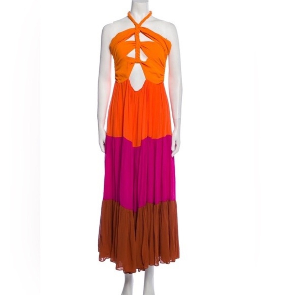 Farm Rio Colorblock Halter Cut Out Maxi Dress Orange Pink Brown Medium